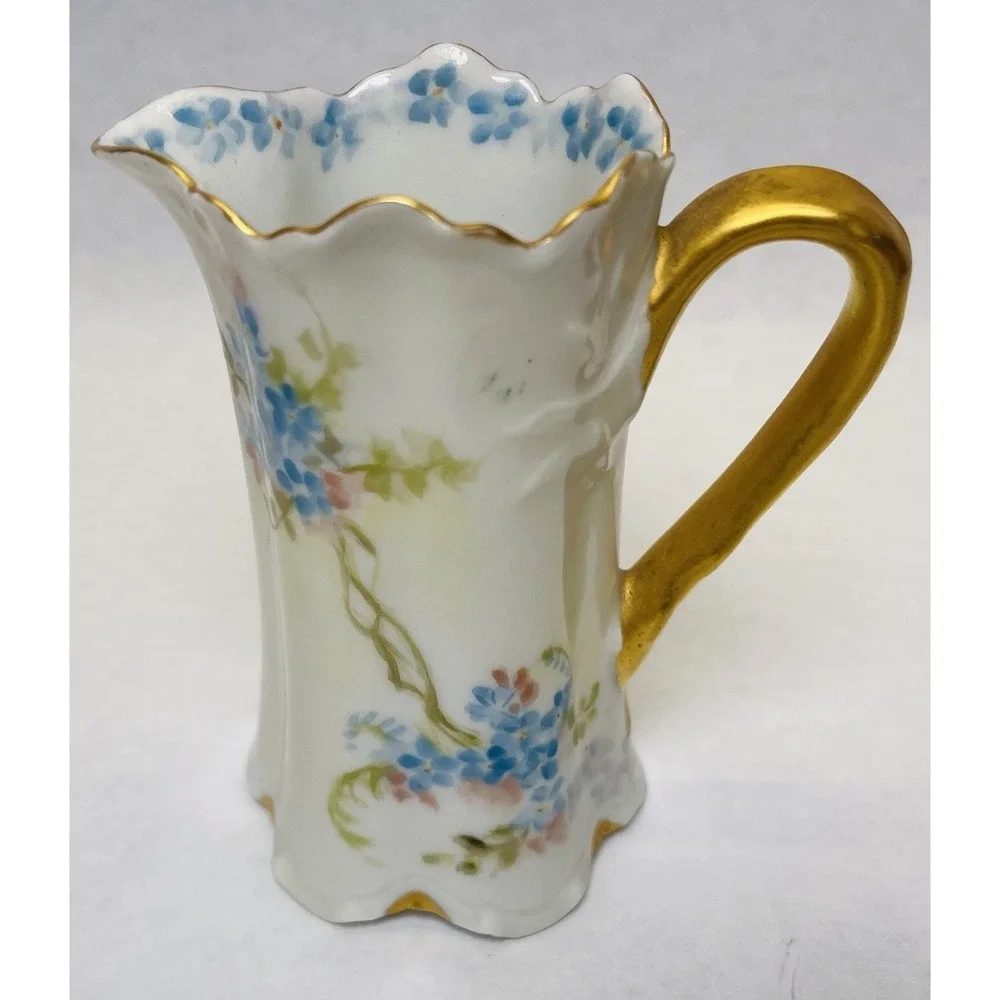 H&CO Haviland Limoges France Porcelain Creamer Blue Flowers Gold Trim Montgomery